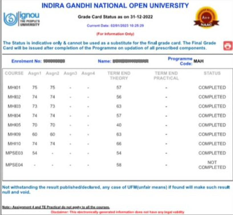 IGNOU Grade CARD